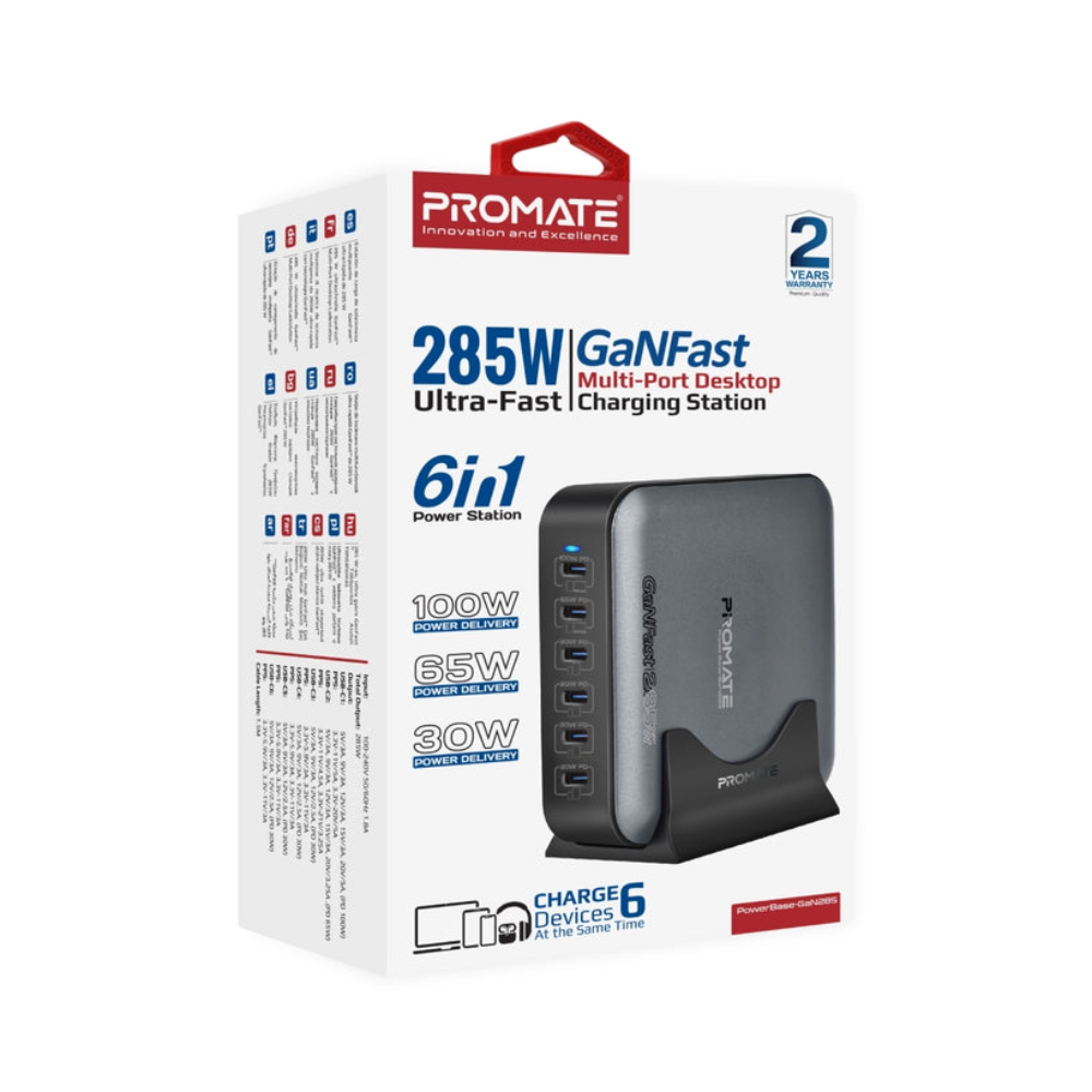 Promate 285W Ultra-Fast GanFast™ Multi-Port Desktop Charging Station