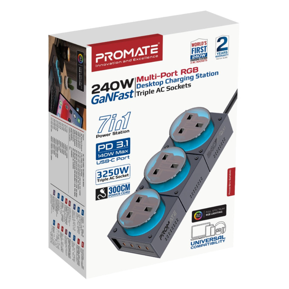 Promate 240W Triple AC Sockets GaNFast™ Charging Station